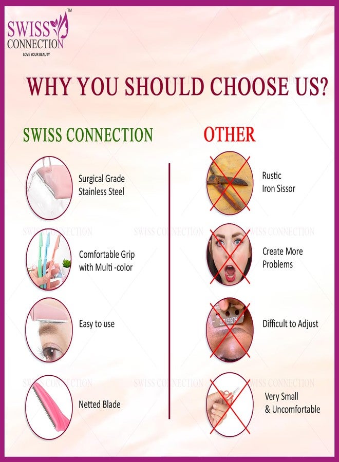 Swiss Connection مجموعة شفرات حلاقة الوجه سويس كونكشن 6 في 1، شفرات دقيقة للنساء، آمنة وغير مؤلمة للحواجب والشفة العليا والوجه، شفرات من الفولاذ المقاوم للصدأ لإزالة الشعر بسلاسة - 6 قطع/متعددة الألوان - Image 5